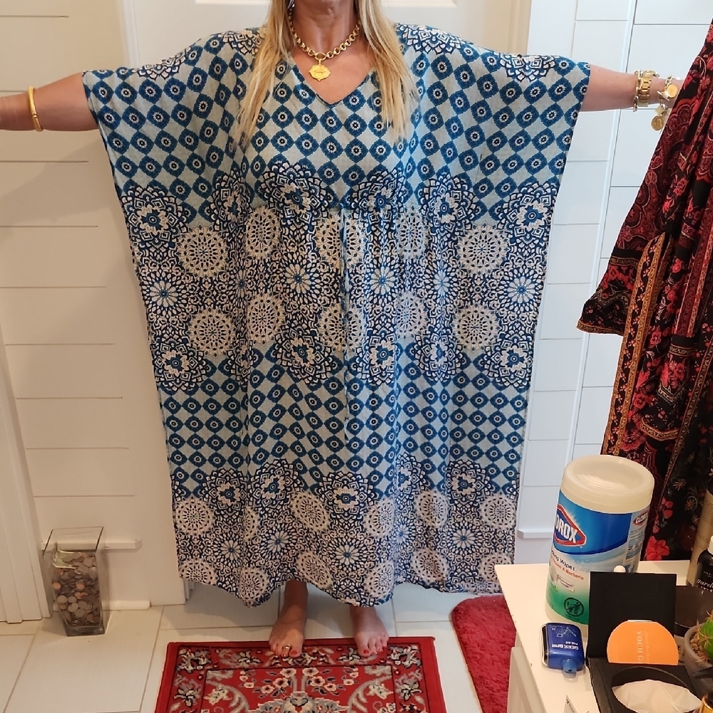 Blue and White Patterned Kaftan Dress
